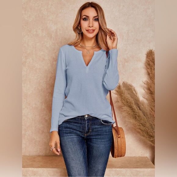 Women's V-Neck Waffle Knit Long Sleeve Loose Fitting Sweater Pullover (67) - Picture 1 of 5